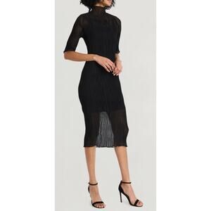 Luxely Plissé Funnel Neck Pleated Midi Dress Black Womens Size Medium New